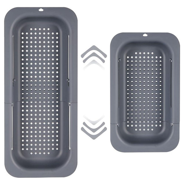 Kitchen Sink Colander, Extendable Strainer Basket Over the Sink for Wash Vegetables and Fruits, Drain Cooked Pasta and Dry Dishes 13.6"-18.9"L x 7.9"W x 2.6"H - Deepgray