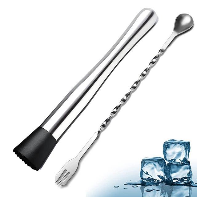10 Inch Stainless Steel Cocktail Muddler and Mixing Spoon, 2 Pieces Home Bar Tool Bartender Set for Cocktails Mojitos Ice Fruit Drinks