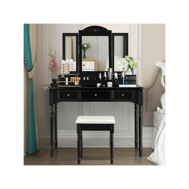 Costway 7 Drawers Vanity Set Dressing Table w/ Tri-Folding Mirror Black