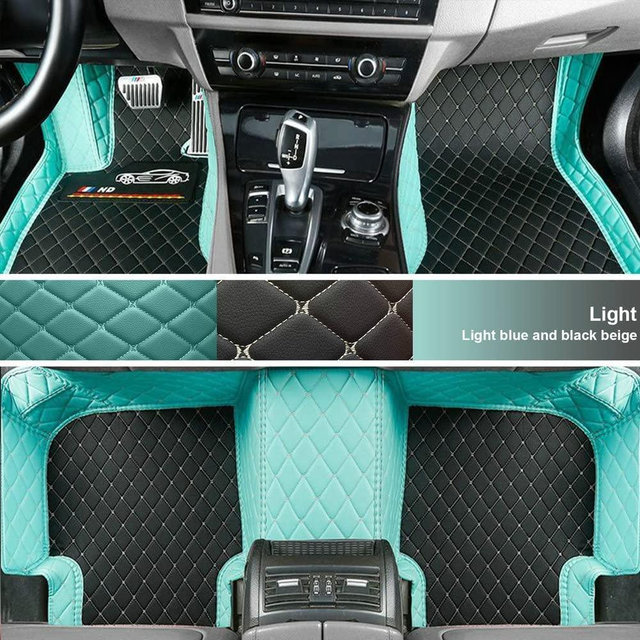 Custom Floor Mats for Cars for 98% Infiniti EX,FX,ESQ,G35/37,JX35,M35/37/45/56,Q50,Q60,Q70,Q70L,QX30,QX50,QX56,QX60,QX70,QX80 Pads Protection Non-Slip Leather Floor Liners (Light Blue+Black Beige)