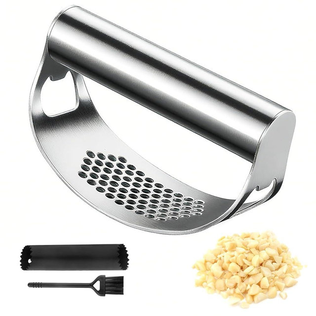 Garlic Press Rocker, 2025 New Stainless Steel Garlic Mincer Garlic Crusher with Peeler,Portable Manual Stainless Steel Garlic Press for Home Kitchen Utensils (1set)