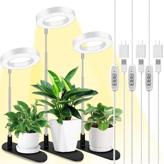 LORDEM Plant Grow Light, Full Spectrum Halo Desk Light, Height Adjustable 7.8"-26", LED Growing Lamp, Automatic Timer 4H/8H/12H, 4 Level Dimmable, Ideal for Indoor Plants, White, 3 Pack