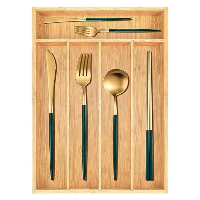 Geniusidea Kitchen Drawer Organizer 5 Slots Bamboo Drawer Cutlery Tray Desk Drawer Organizers Silverware Utensil Holder For cosmetics Jewelry Tea bags Parts Clothing