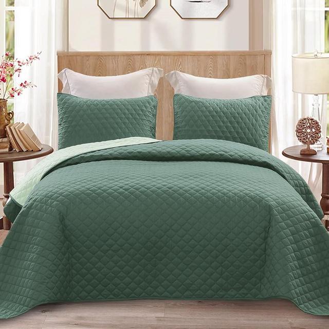 Exclusivo Mezcla Ultrasonic Reversible Full Queen Quilt Bedding Set with Pillow Shams, Lightweight Quilts Queen Size, Soft Bedspreads Bed Coverlets for All Seasons - (Dark Green, 90"x96")