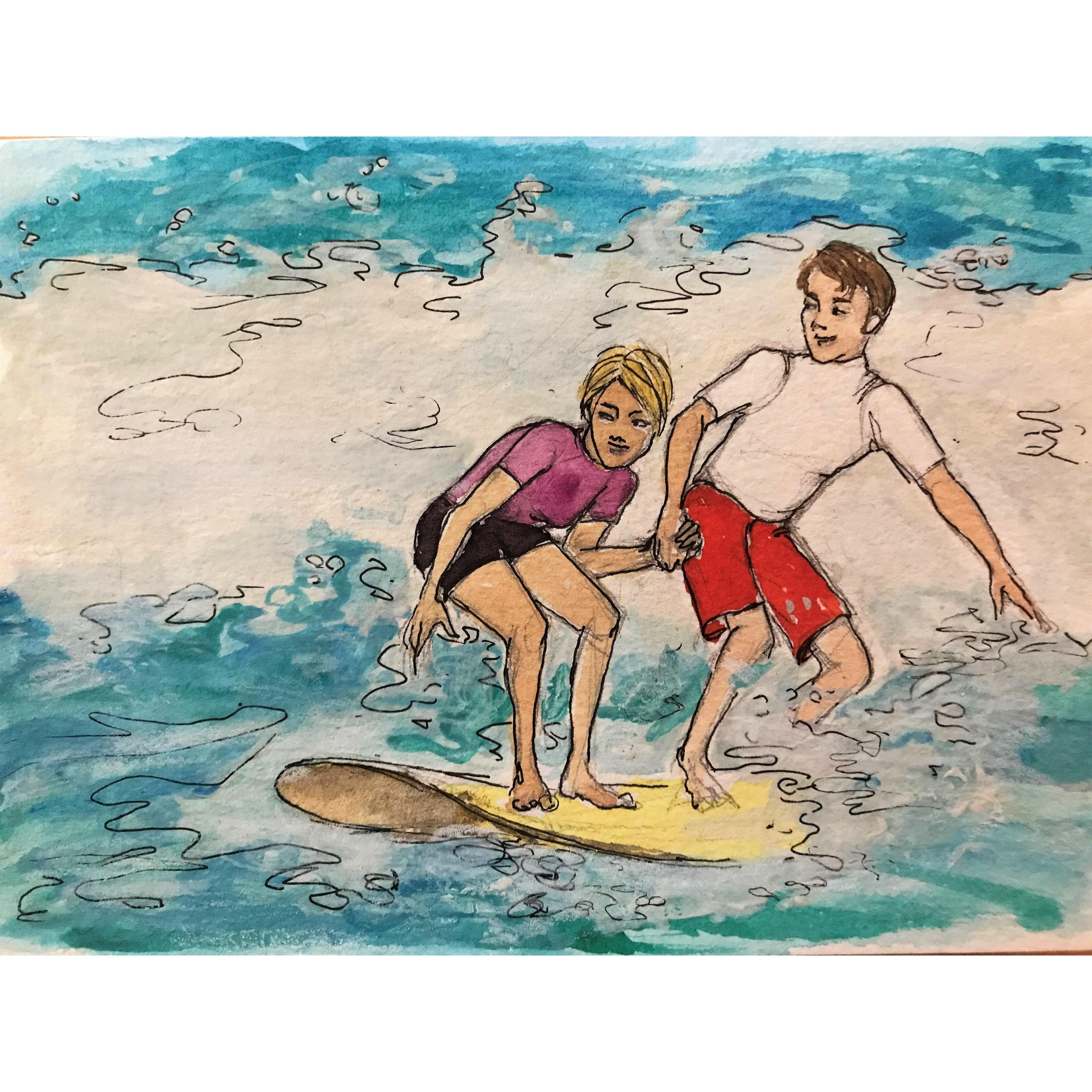 A birthday card Janet painted and sent Scott, after they enjoyed their first vacation together in Rincon, PR. Obviously, they're extremely talented and can ride a surfboard together