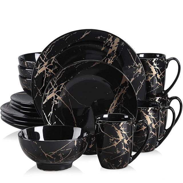 Dishes Set for 4, 16 Piece Porcelain Dinnerware Sets, Gold Splash Glaze Round Dinner Plates, LOVECASA Stylish and Modern Plates and Bowls Set with Mugs, Black