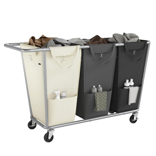 SONGMICS Laundry Basket with Wheels, 76.6 Gallons (290 L), 3-Section Rolling Laundry Hamper with Removable Bags, Heavy-Duty Steel Frame with Handle, Cream White, Dark Gray and Ink Black URLS010X01