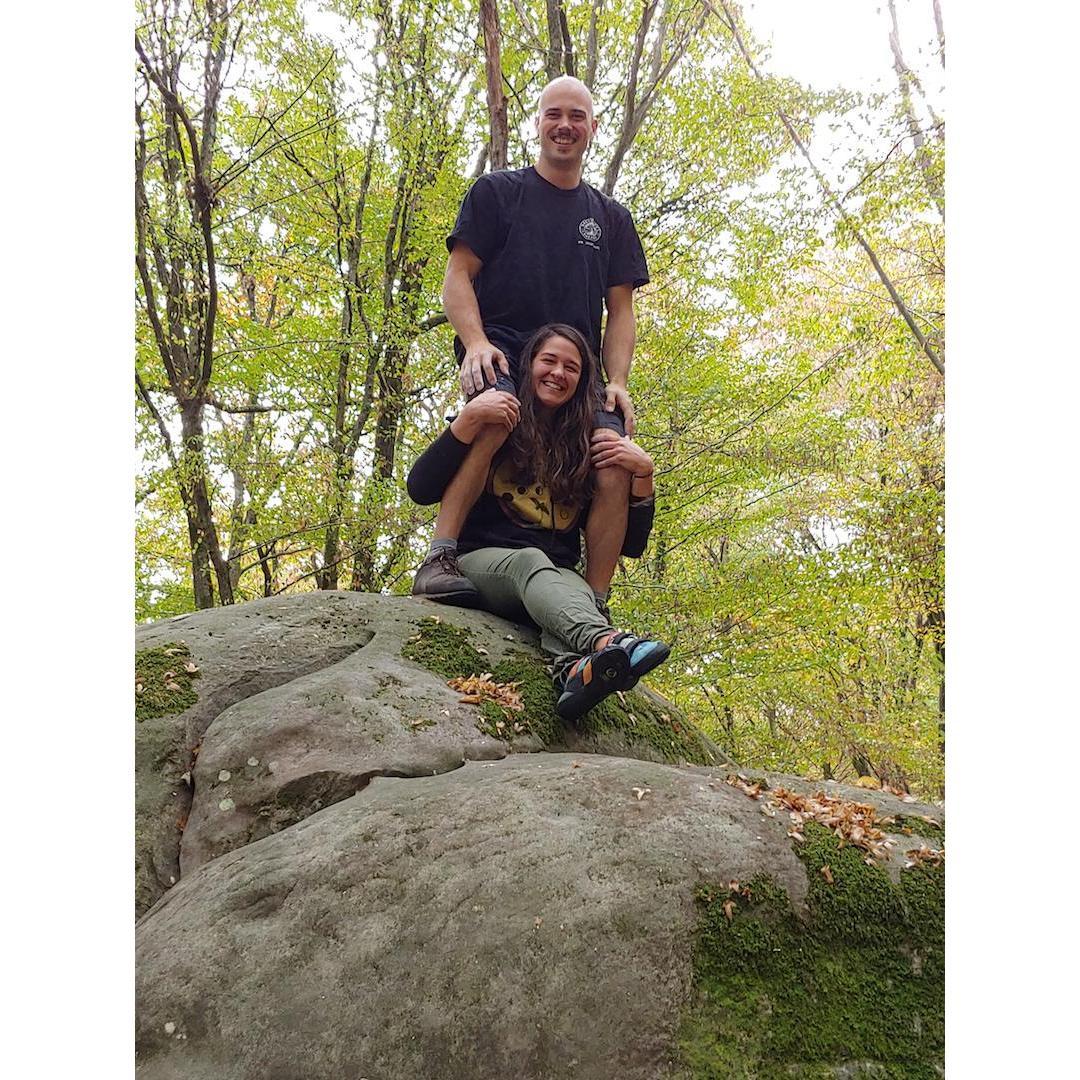 Bouldering together in the Fontainebleau Forest in France. First international trip together. They will definitely be going back!