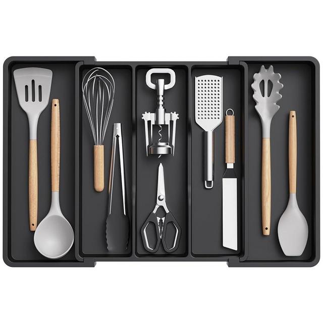 Lifewit Utensil Organizer for Kitchen Drawers, Expandable Cooking Utensil Tray, Adjustable Cutlery Silverware Flatware Holder, Plastic Kitchen Spatula Tools and Gadgets Storage Divider, Large, Black