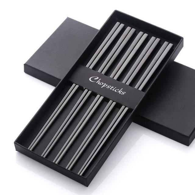 Buyer Star 5 Pairs Square Metal Chopsticks, Black Reusable Stainless Steel Traditional Chinese Chopstix