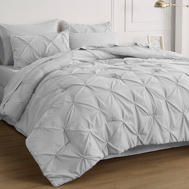 Bedsure Light Grey Comforter Set Queen - Bed in a Bag Queen 7 Pieces, Pintuck Beddding Sets Green Bed Set with Comforter, Sheets, Pillowcases & Shams