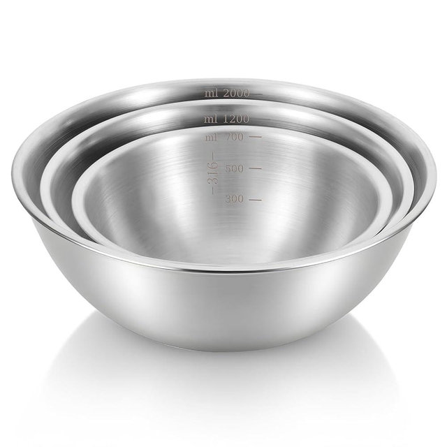 Zyghjort 3 Packs Stainless Steel Mixing Bowls with Measurement Marks, Thicker Stainless Steel Flat Bottom Mixing Bowls Set, Stackable Salad Bowl for Cooking, Baking, Salad, Vegetables