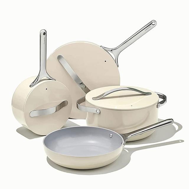 Caraway Nonstick Ceramic Cookware Set - Aluminum Core and Stainless Steel Handles - Elegant Storage Solutions Included - Cream