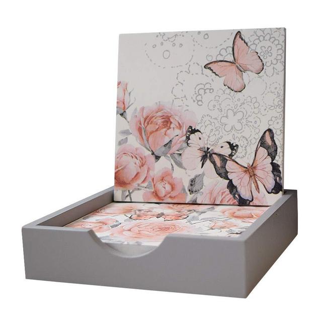 gbHome GH-6741 Modern Wood Floral Design Drink Coasters, Set of 4 with Holder, 4&quot; x 4” x 1”, Butterfly Design - White & Gray Color Scheme, Protect Table/Desk From Drinks, Beverages, Water, Coffee