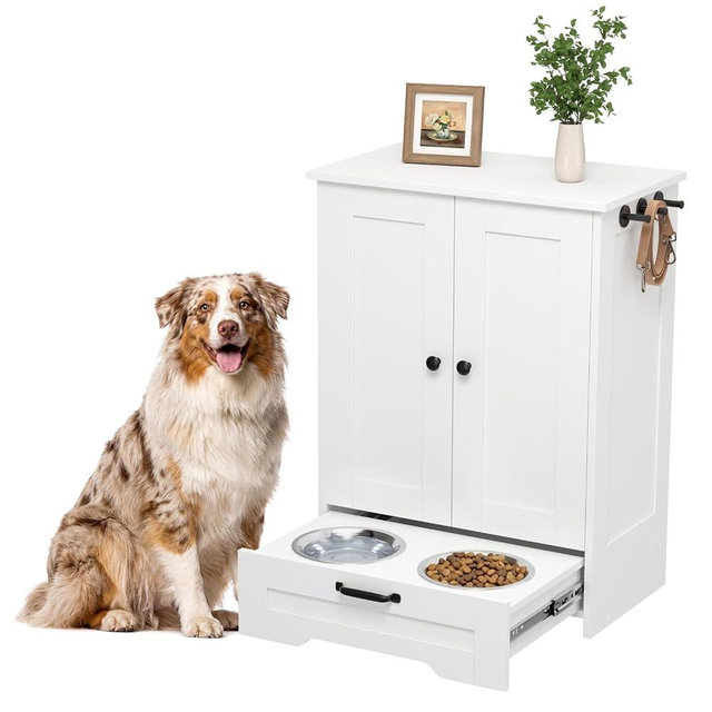 Sylunawyn Dog Feeding Station with Storage Cabinet, White Wood Dog Cabinet with 2 Elevated Stainless Steel Bowls, Hidden Pull-Out Feeder Drawer, Pet Feeding Station for Kitchen and Living Room