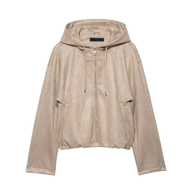 Xunger Women's Faux Suede Drawstring Hooded Jacket Bomber Casual Solid Color Zipper Outerwear with Pockets