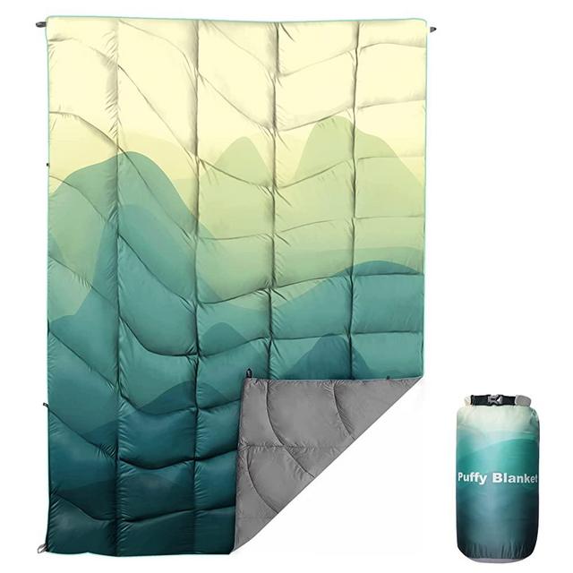 Outdoor Puffy Camping Blanket, Lightweight Down Alternative Puffy Printed Camping Large Ultra Warm Hammock Top Quilt Waterproof Blanket for Traveling Picnic Beach Party Cold Weather (green mountain)