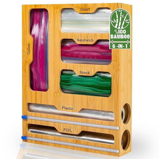 Burcha 6-in-1 Storage Bag Organizer for Kitchen Drawer – Bamboo Foil and Plastic Wrap Organizer with Cutter, Sandwich Bag Organizer for Drawer, Lock Baggie Organizer, Gallon Quart Snack Bag Organizer