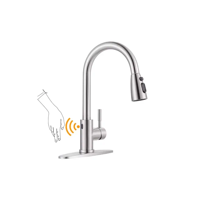 WOWOW Touchless Single Handle Pull Down Sprayer Kitchen Faucet with Deckplate in Brushed Nickel
