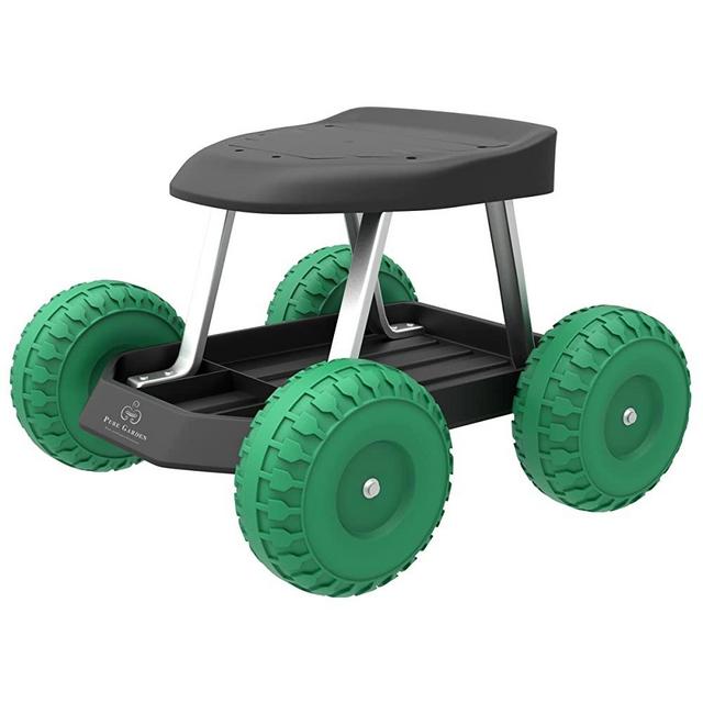 Pure Garden 82-VY021 Garden Cart Rolling Scooter with Seat and Tool Tray for We, 17.5x19, Green/Black