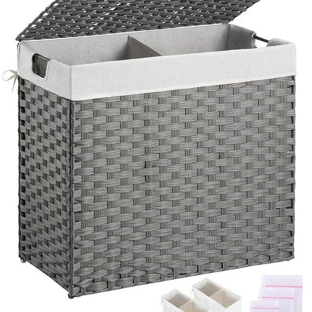 Greenstell Laundry Hamper with lid, No Install Needed, 130L Wicker Laundry Baskets Foldable 2 Removable Liner Bags, 2 Section Clothes Hamper Handwoven Rattan Laundry Basket with Handles, Gray