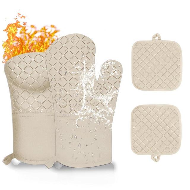 4PCS Oven Mitts and Pot Holders Sets 500°F Pot Holders for Kitchen Heat Resistant Oven Gloves Anti-Slip Silicone Stripe Oven Mitts Heat Resistant Hot Pads Oven Mits Potholders for Kitchens (Khaki)