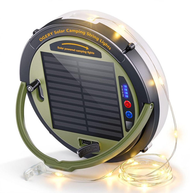 OGERY Solar Camping String Lights, 5400mAh/ 49.2FT/ 11 Modes Rechargeable Camping Lights Outdoor/Indoor, 4-in-1 Quick Storage Fairy Tent Lights Portable LED Lamp for Patio Yard Party Decor Essentials
