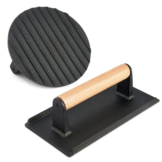 2Pcs Cast iron Bacon Press, HaSteeL Smash Burger Press for Teppanyaki Flat Top Griddle, Heavy Duty Round 7In & Rectangular 8x4In Grill Press, Perfect for BBQ Meat, Paninis, Tortilla, Steak, Sandwich