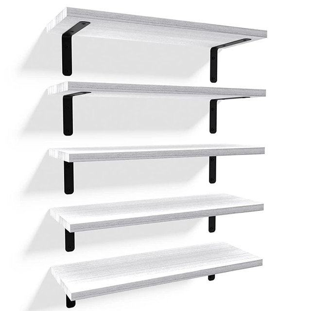 RICHER HOUSE Floating Wall Shelves, Rustic Wood Bathroom Shelves Set of 5, Farmhouse Style Floating Shelf for Wall Décor, Hanging Shelves for Bedroom, Storage, Kitchen, Living Room - White