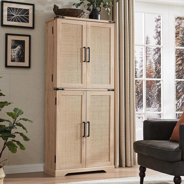 ACCOHOHO 72" Tall Kitchen Pantry with Rattan Doors, Storage Cabinet with Organizer, Drawer and Adjustable Shelves, Wood Cupboard for Kitchen, Dining Room, Bathroom and Hallway, Natural Oak