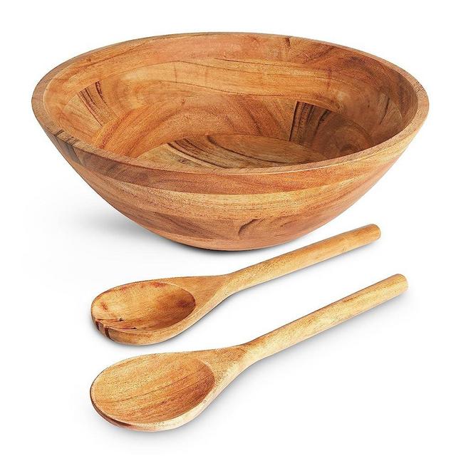 Wooden Salad Bowl Set - Food Safe & Sustainable Decorative Bowl - Wood Bowl for Fruits, & Salads - Easy to Clean Large Salad Bowls Set w/ Spoon, Fork – Wooden Bowls for Food - 12” x 4” x 12”