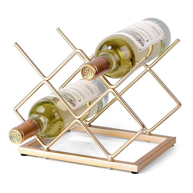 Drincarier Countertop Wine Rack - 5 Bottle Freestanding Modern Gold Metal Small Wine Rack - Tabletop Wine Holder Stand for Cabinet, Pantry, Wine Bottle Storage