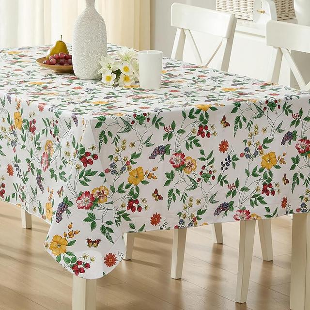 English Berry Garden Heavy 4 Gauge Vinyl Flannel Backed Tablecloth, Strawberry Garden Floral Indoor/Outdoor Wipe Clean Picnic, Kitchen, Dining Room Tablecloth - 60” x 84” Oblong/Rectangle