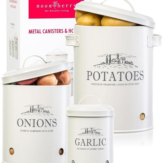 noonberry Potato and Onion Storage Bin, Garlic Storage, Set of 3 Metal Kitchen Storage Containers with Ventilation Holes, Country Farmhouse Canisters