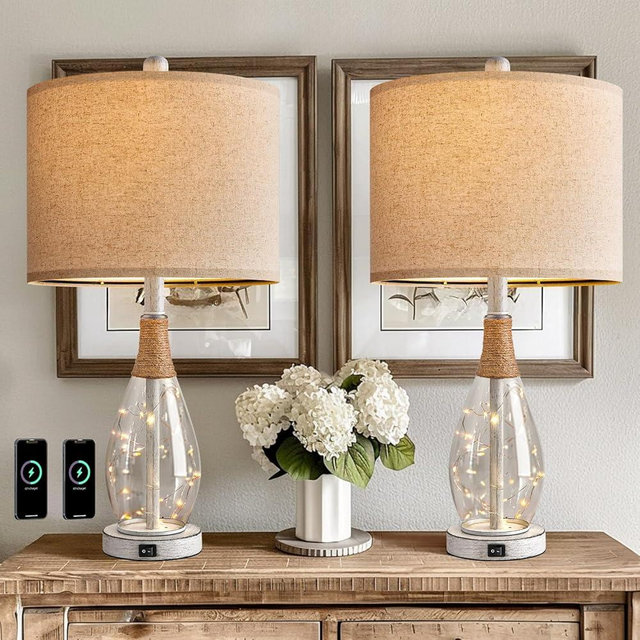 OYEARS 23" Table Lamps for Living Room Set of 2 Bedside Lamps for Night Stands Bedroom Lamps Farmhouse Rattan Boho Lamp Glass Nightlight End Table Lamp with USB C+A (White)