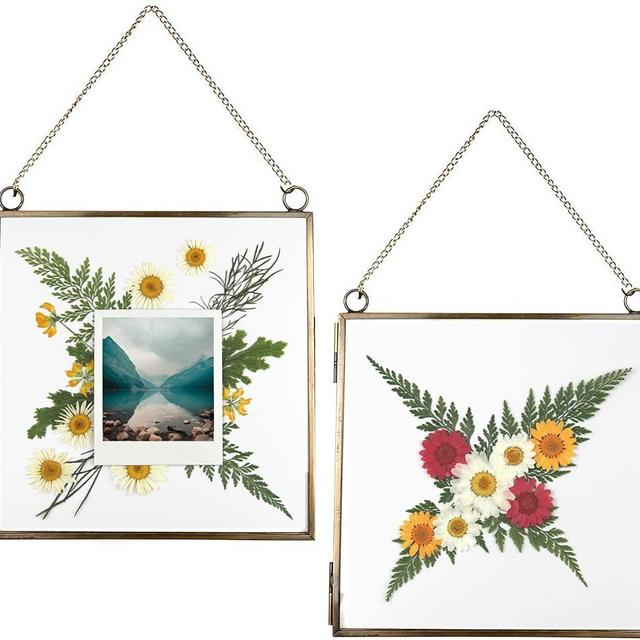 Glass Frame for Pressed Flowers, Leaf and Artwork - Hanging Square Metal Picture Frames, Double Glass Floating Frame, Wall Decor Photo Display, Flower Press Frames with Chain (Antique bronze, 8x8)