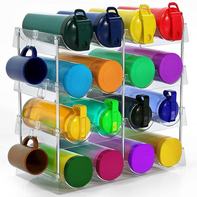 Large Water Bottle Organizer for Cabinet w 8 Hooks - Stackable Clear Bottle Storage Organizer, Acrylic Plastic Tumbler Travel Mug Cup Organizer Holder Wine Rack for Countertop-12oz to 32oz