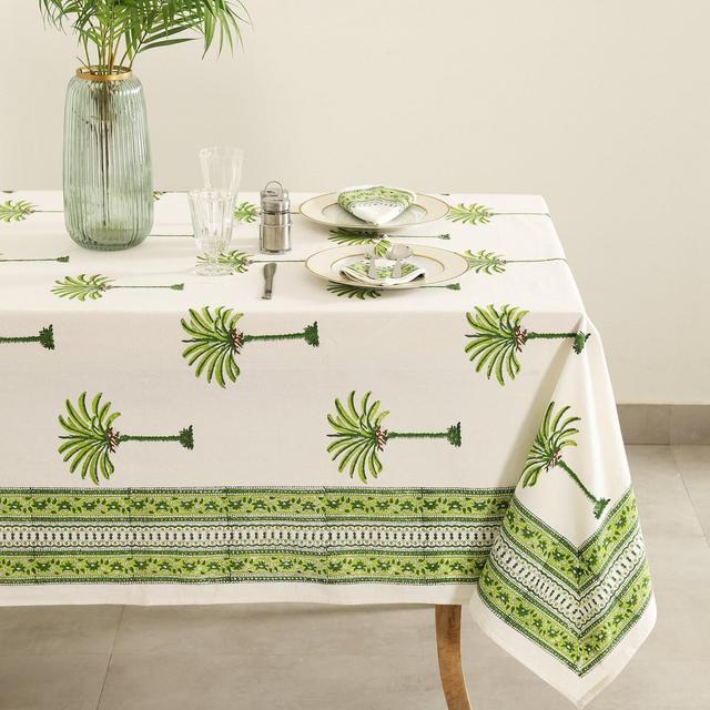 Green Palm Print tablecloth, Table Scape Holiday Decoration, Table Cloth Runner Mats Napkins Set, Anokhi Tablecloth, Rectangle Table Cloth