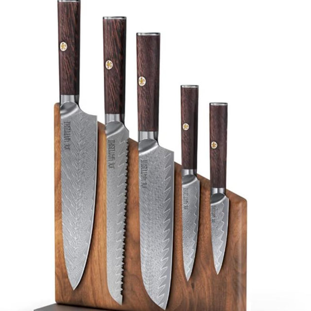 Yatoshi Knives Magnetic Kitchen Knife Block Set - Japanese 67 Layer High-Grade VG-10 Steel Knives, Sharp, G10 Handle Professional Kitchen Knife Set - Damascus (6 pieces), Brown Pakkawood Handles