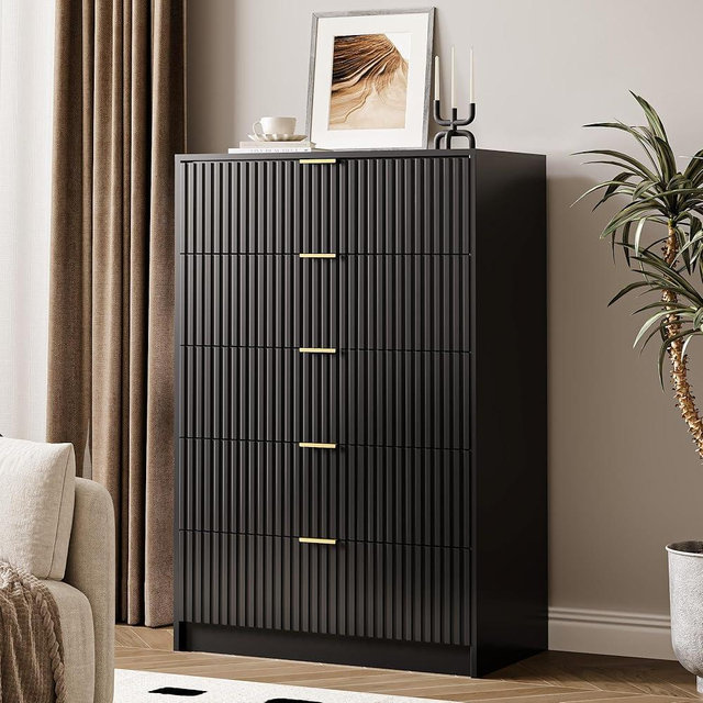 MAISONARIA 5 Drawer Dresser for Bedroom, Tall Dresser Chest of Drawers with Gold Handles, 32 Inch Wide Nightstand with for Bedroom, Living Rooms, Offices, and Entryways, Black