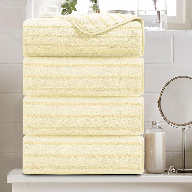 4 Pcs Light Yellow Cabana Stripe Large Bath Towels 35"x70" Oversized Bath Sheet Soft Breathable Jumbo Bathroom Towels Highly Absorbent Shower Towel Quick Dry Beach Chair Towel Spa Gym Hotel Towel Set