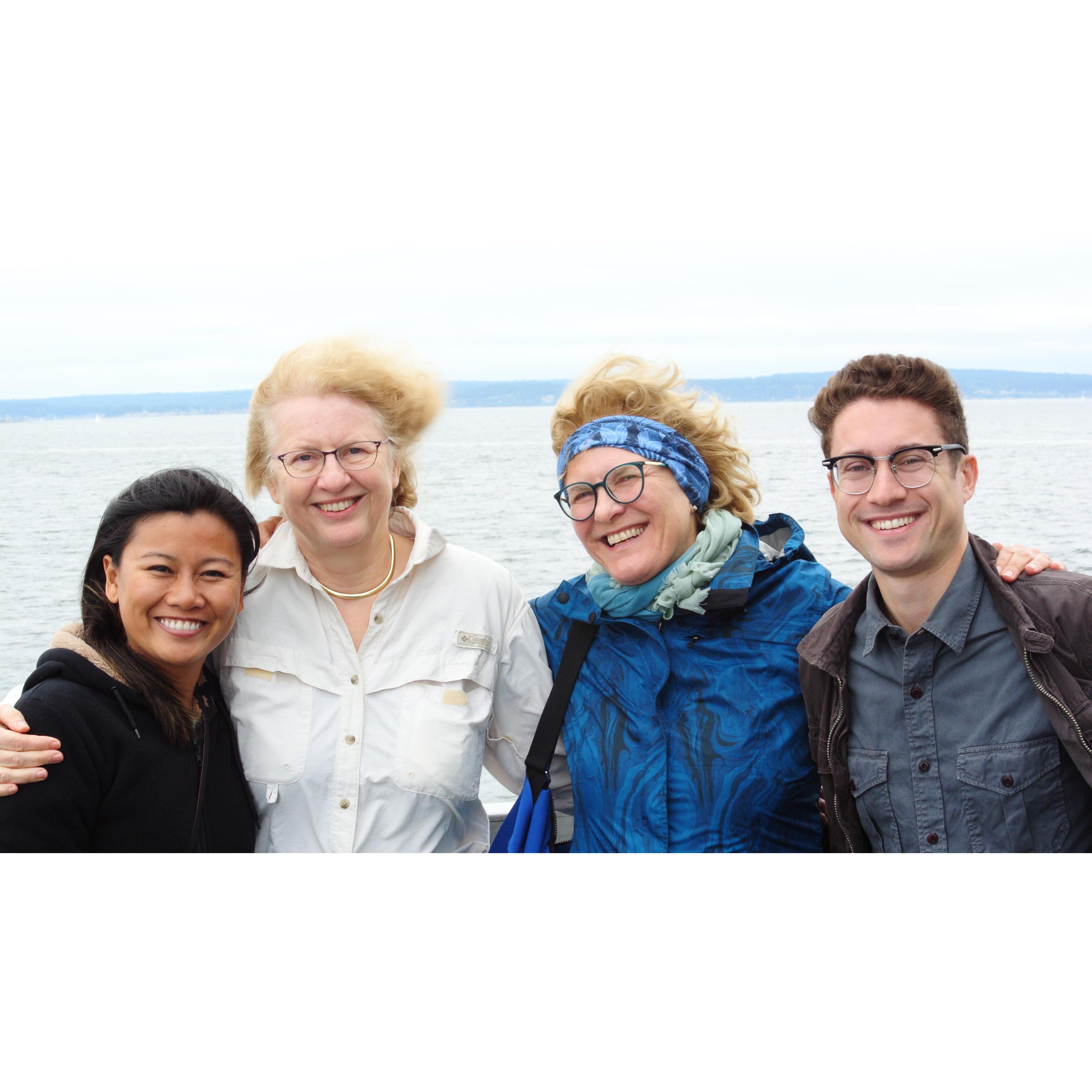 On a very windy ferry ride to Whidbey Island with Paul's mom, Susanne, and aunt, Elisabeth. June 2019.