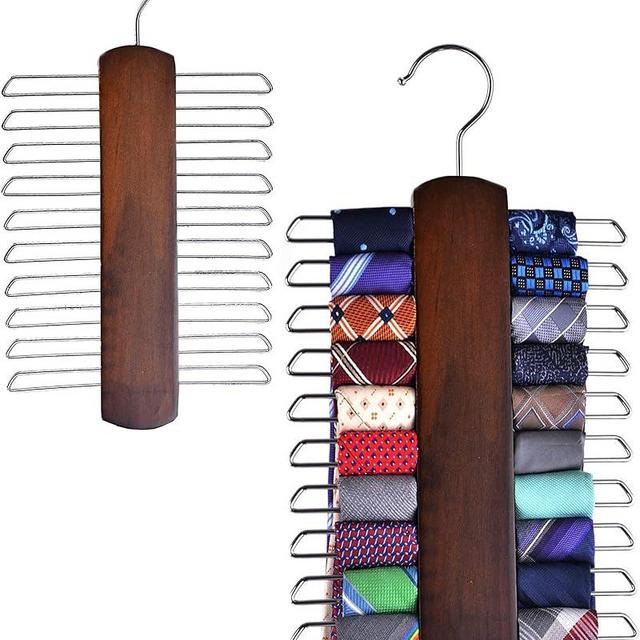 Umo Lorenzo 2 Pack Premium Wooden Necktie and Belt Hanger, Walnut Wood Center Organizer and Storage Rack with a Non-Slip Finish - 20 Hooks