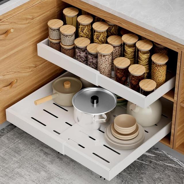 ALANSON 2 Pack Pull Out Cabinet Organizer 21 inch Deep,Expandable Pull out Drawers for Cabinets Adhesive with Film, No Drill Slide Out Drawers for Kitchen Cabinets