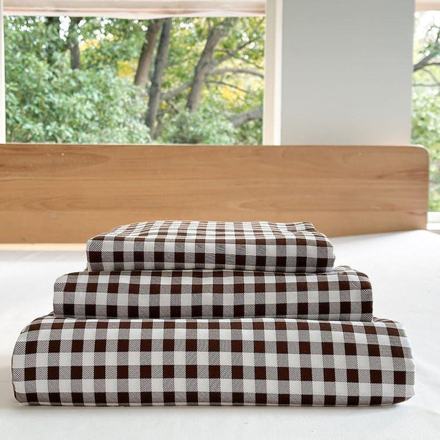 NSNLGSGC Mocha Gingham Queen Sheet Set, Coffee Soft Brushed Microfiber Plaid Queen Bed Sheets, 4-Pieces Grid Sheet Set with Deep Pocket