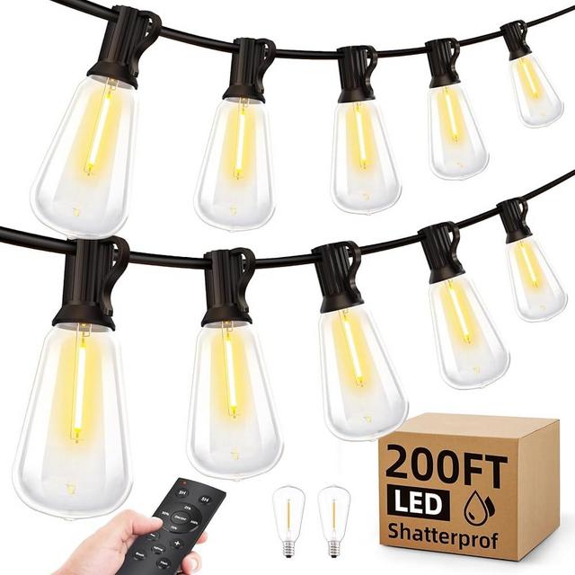 Outdoor String Led Patio Lights - 200Ft 60M Outside Waterproof Light With Remote Dimmable ST38 Shatterproof Bulb Connectable Hanging Outdoor Electric Lighting For Backyard Yard Gazebo Porch Party