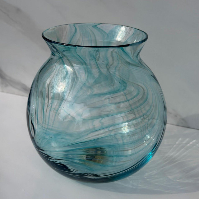 Handblown Feathered Glass Vase – One of a Kind Functional Art – Aquamarine Wide Mouth Amphora Vase