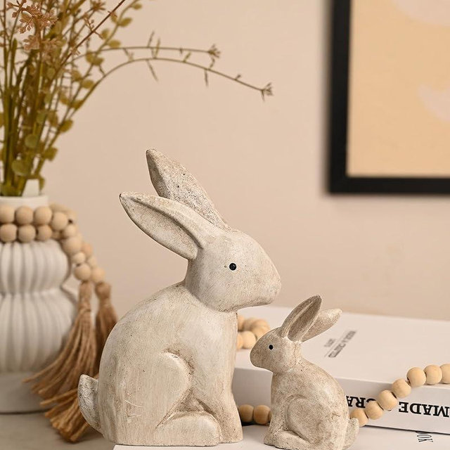 WONDROUS' DECO Wooden Vintage White Easter Bunny Figurines, Small Decorative Easter Bunny Statue Set of 2, Easter Rabbit Table Home Decoration, Gift