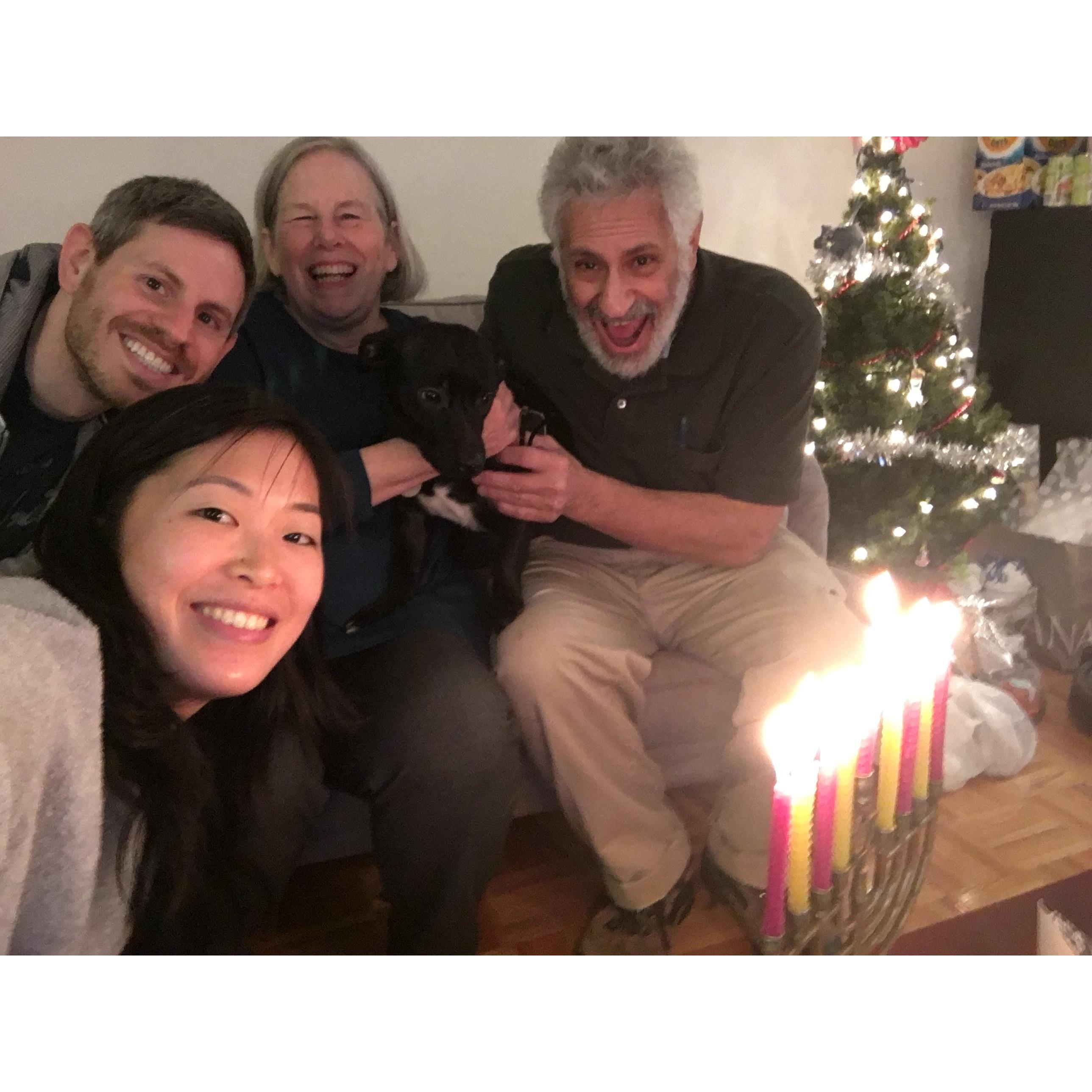 We fostered three dogs before adopting Jimmy who is now part of the family! First Hanukkah with Jimmy! Dec, 2018