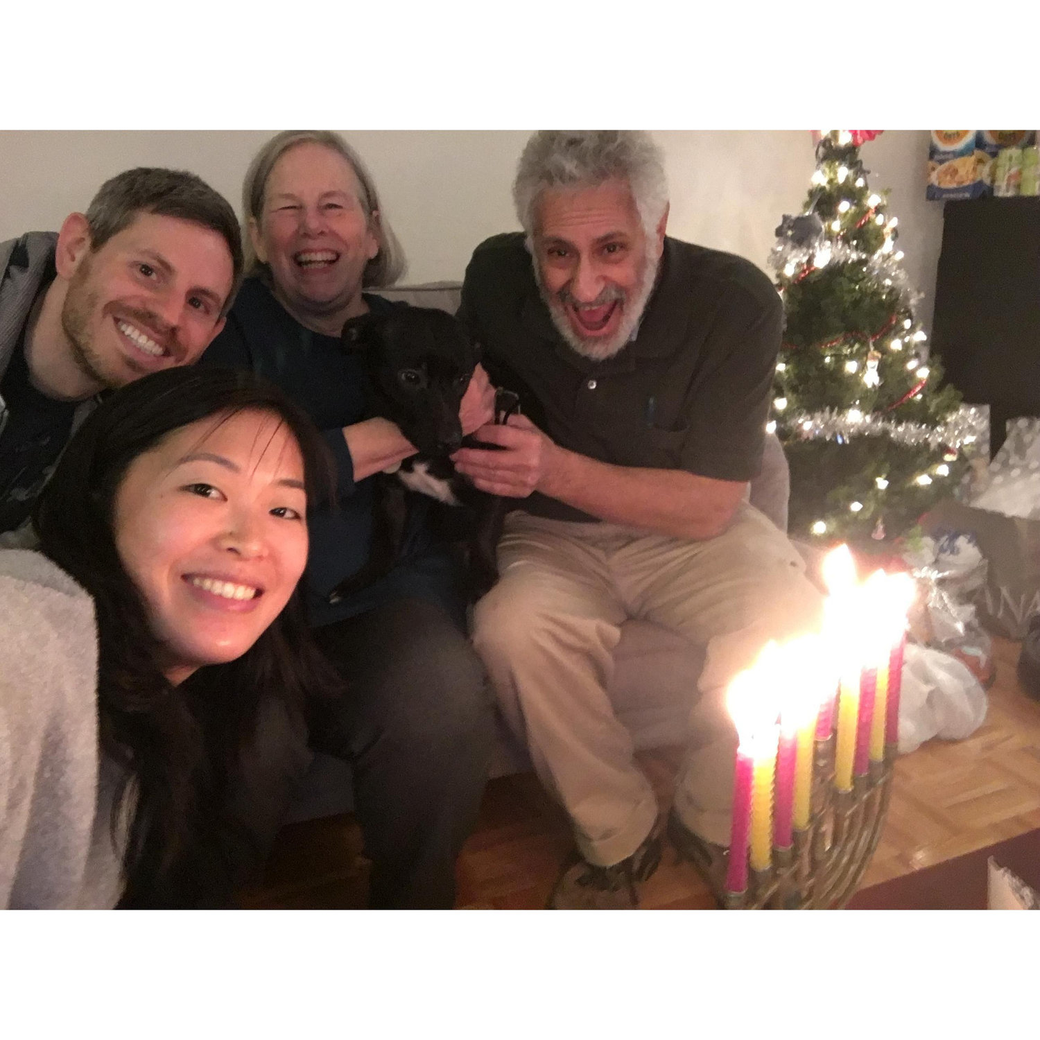 We fostered three dogs before adopting Jimmy who is now part of the family! First Hanukkah with Jimmy! Dec, 2018
